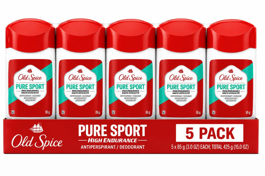 A 5-pack of Old Spice Pure Sport deodorant sticks in a red cardboard tray. The five white plastic containers with red lids are lined up, each showing the red and white product label with teal accents.