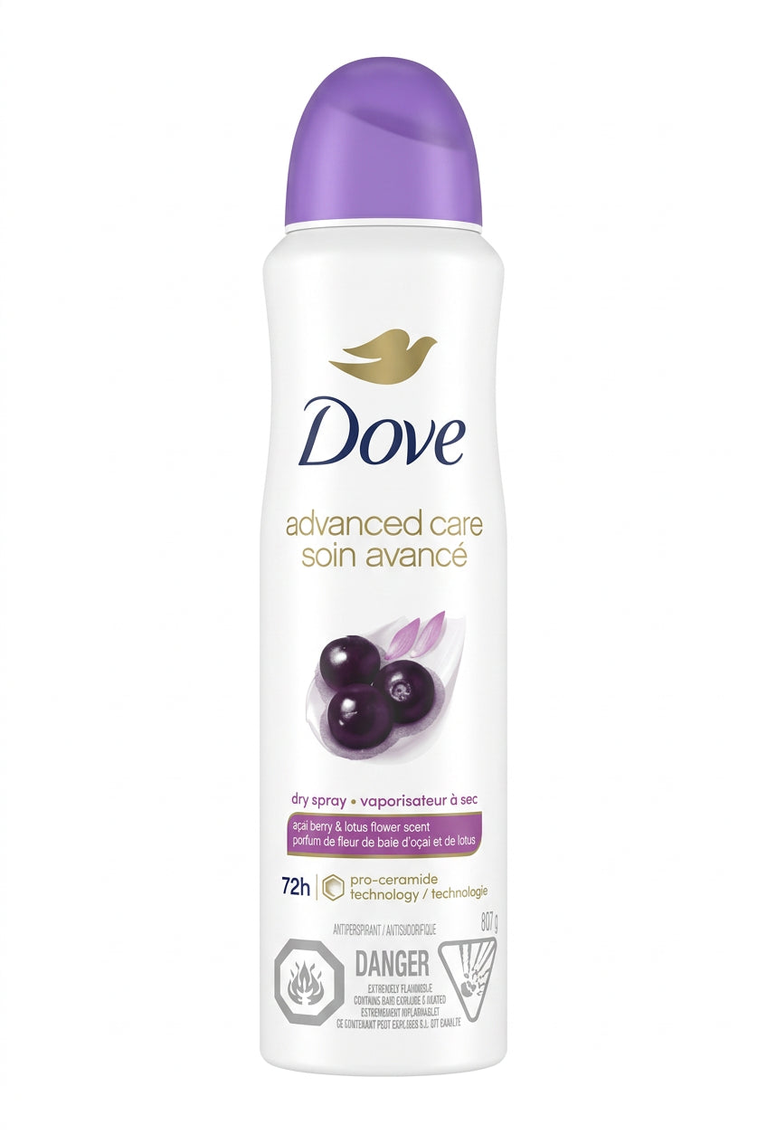 A can of Dove Advanced Care Soin Avancé deodorant spray, featuring a white bottle with a purple cap and a graphic of blackberries on the front.