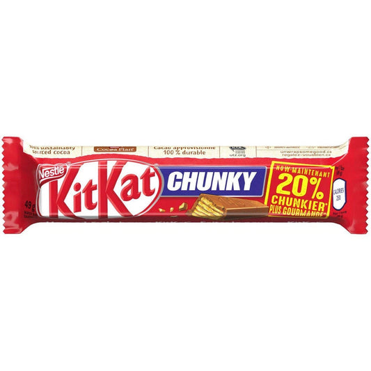 A single KitKat Chunky chocolate wafer bar in its red wrapper, featuring the Nestle and KitKat logos and a yellow promotional badge on a plain white background.