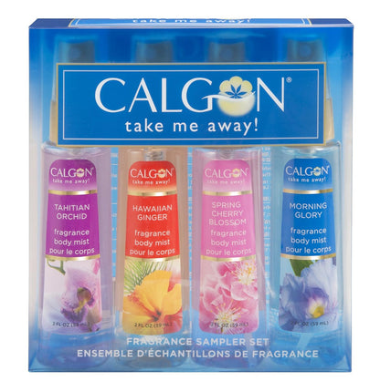 Calgon Take Me Away 4 Pc Gift Set (Refreshing Body Mist 2.0 Oz Of Spring Cherry Blossom Hawaiian Ginger Morning Glory Tahitian Orchid)