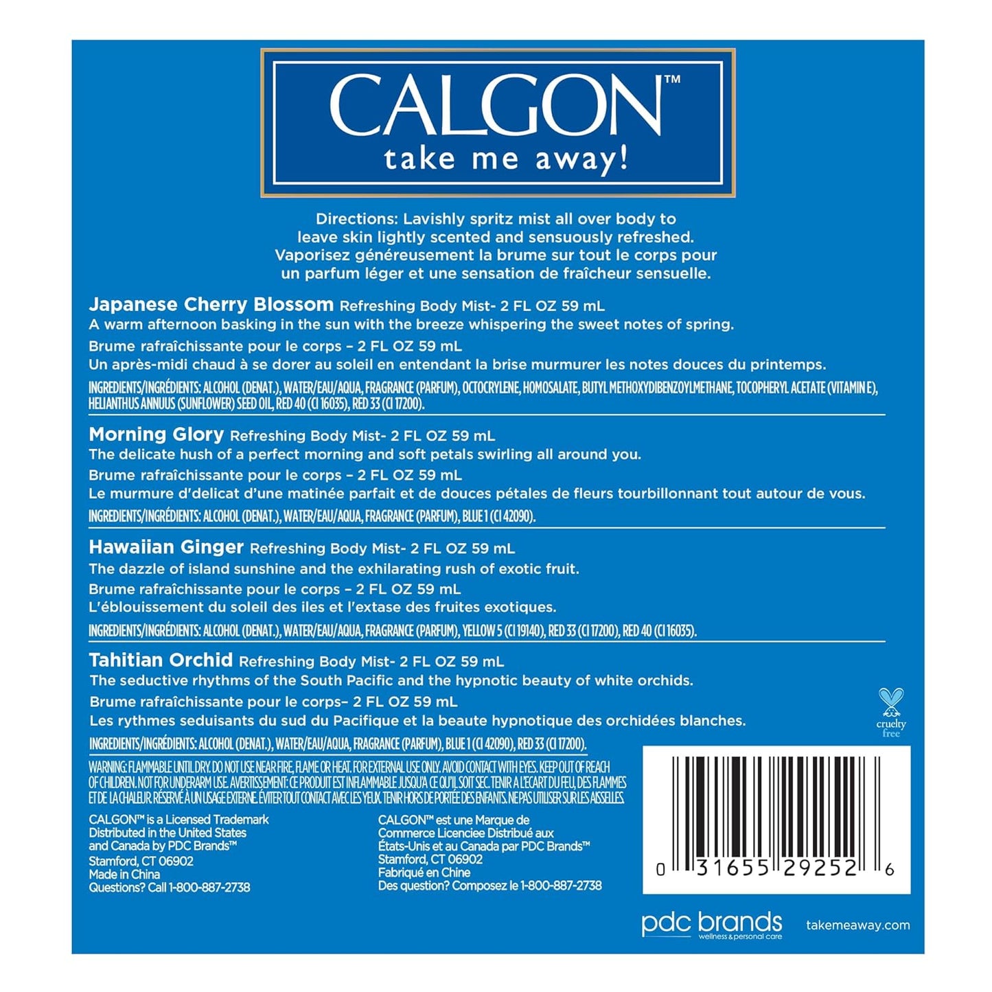 Calgon Take Me Away 4 Pc Gift Set (Refreshing Body Mist 2.0 Oz Of Spring Cherry Blossom Hawaiian Ginger Morning Glory Tahitian Orchid)