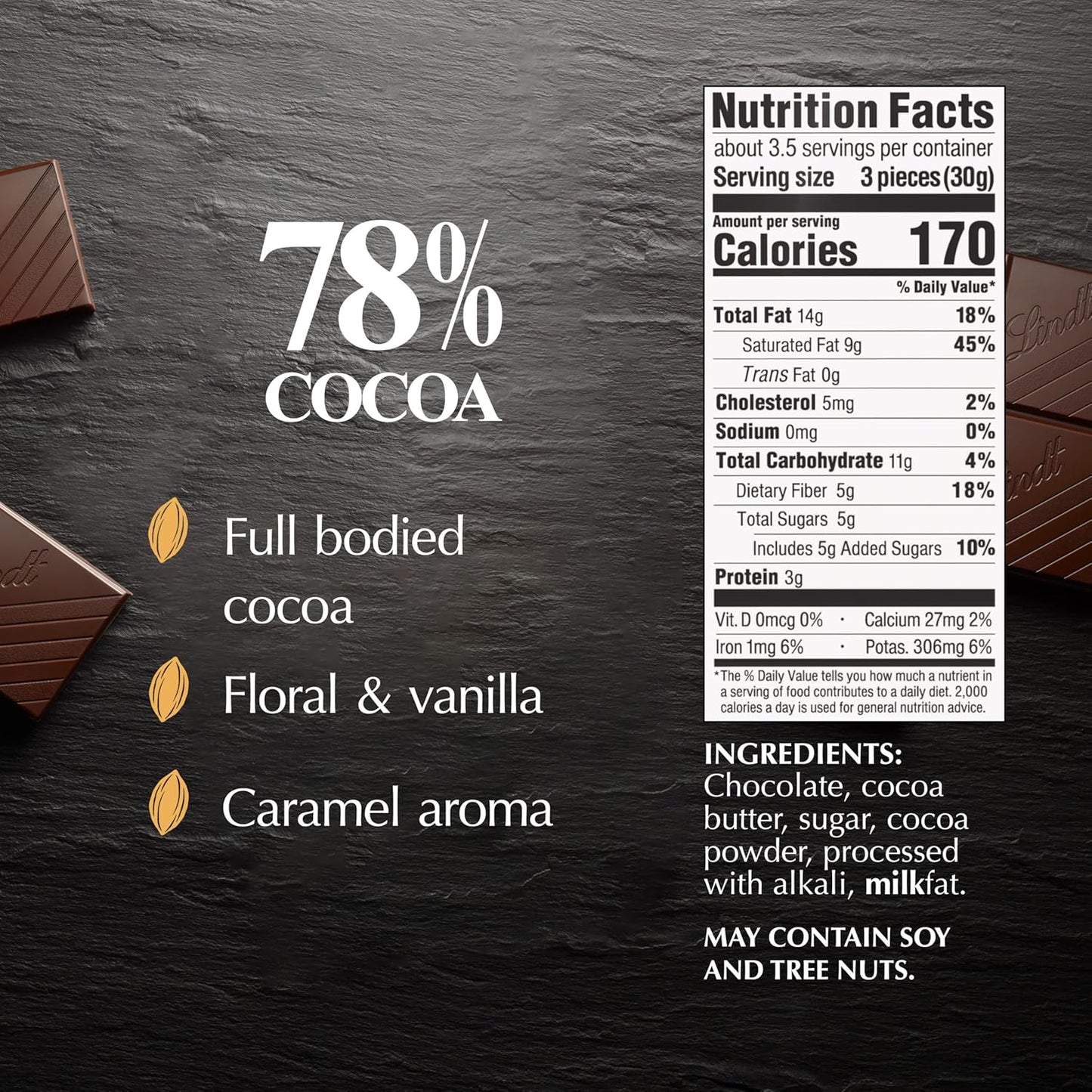 Lindt Dark Chocolate Bar, Dark Chocolate Candy. Multiple Flavors