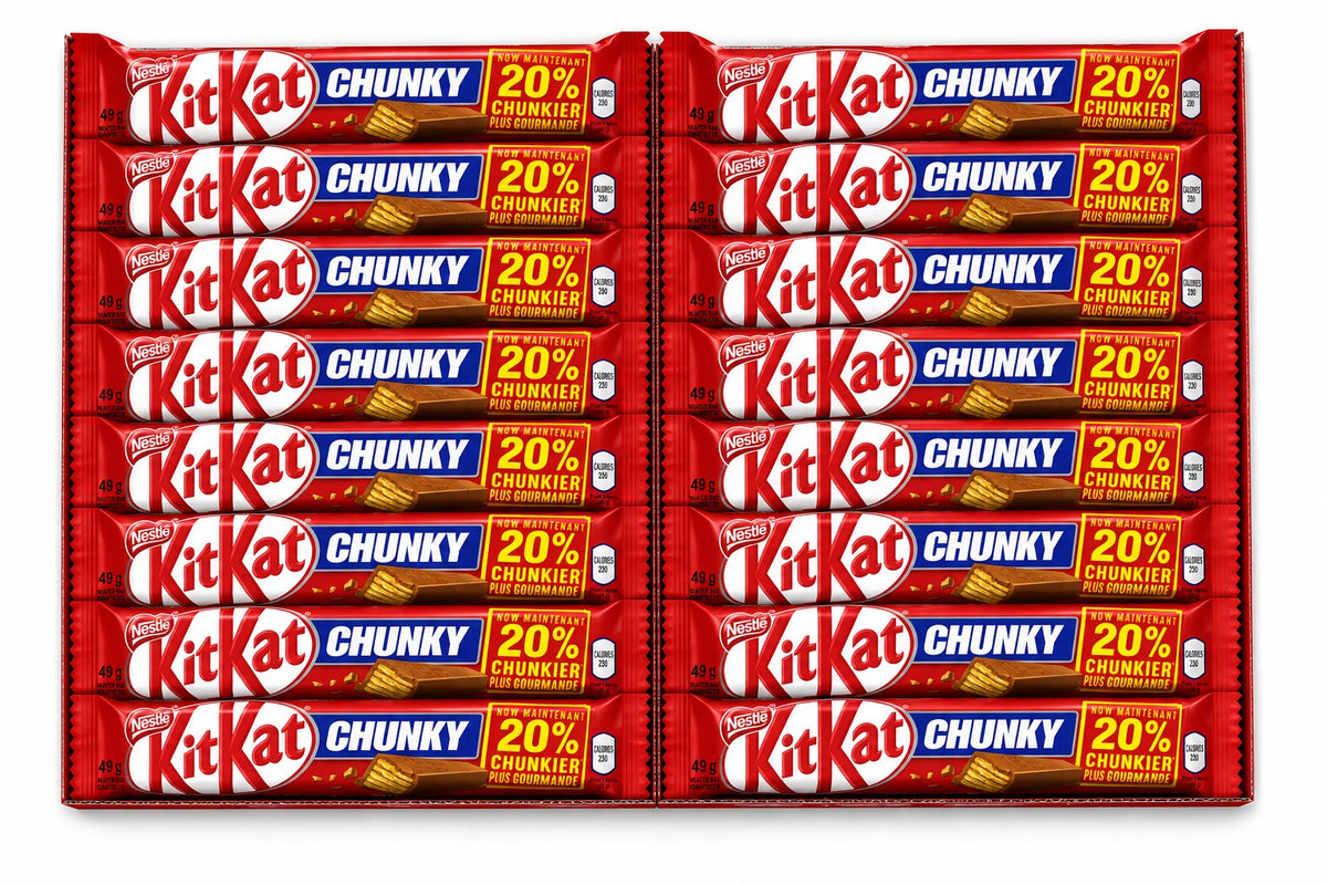 A 24-pack display of KitKat Chunky chocolate bars, arranged in a grid of four columns and six rows. Each bar is in its signature red wrapper with blue and yellow accents, featuring the 'KitKat' brand name and '20% Chunkier' promotional text.