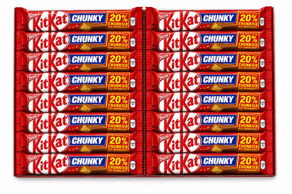A 24-pack display of KitKat Chunky chocolate bars, arranged in a grid of four columns and six rows. Each bar is in its signature red wrapper with blue and yellow accents, featuring the 'KitKat' brand name and '20% Chunkier' promotional text.