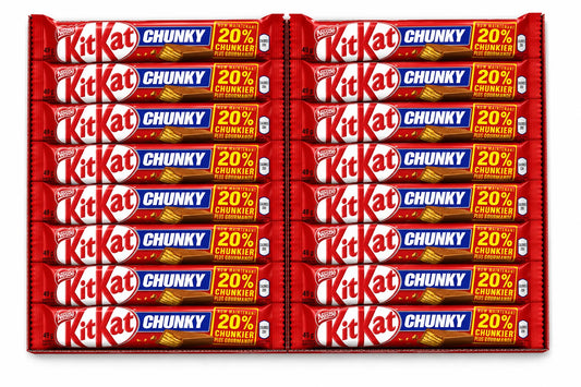 A 24-pack display of KitKat Chunky chocolate bars, arranged in a grid of four columns and six rows. Each bar is in its signature red wrapper with blue and yellow accents, featuring the 'KitKat' brand name and '20% Chunkier' promotional text.