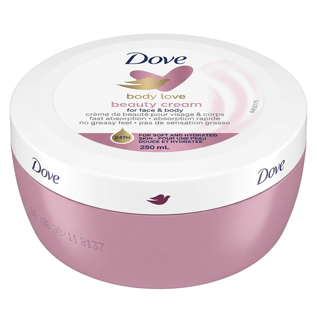 A 250 mL tub of Dove Body Love Beauty Cream on a light wood surface against a beige wall.