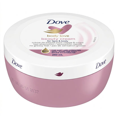 A 250 mL tub of Dove Body Love Beauty Cream on a light wood surface against a beige wall.
