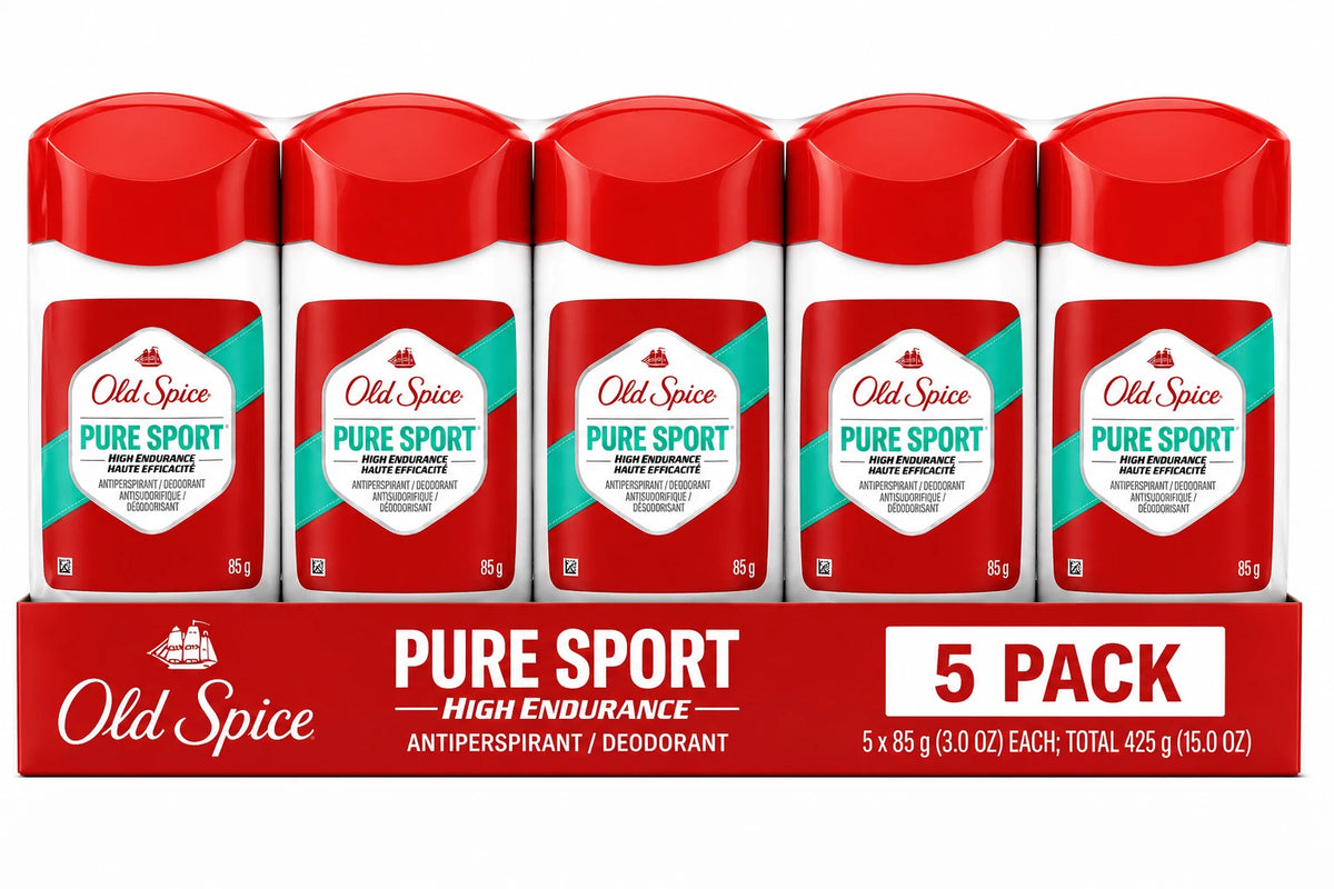 A 5-pack of Old Spice Pure Sport deodorant sticks in a red cardboard tray. The five white plastic containers with red lids are lined up, each showing the red and white product label with teal accents.