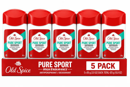 A 5-pack of Old Spice Pure Sport deodorant sticks in a red cardboard tray. The five white plastic containers with red lids are lined up, each showing the red and white product label with teal accents.