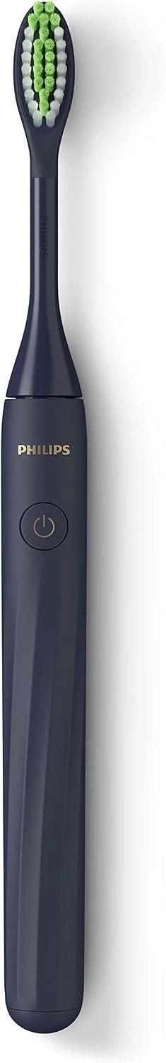 A Philips electric toothbrush with a dark navy blue handle and green bristles, shown vertically against a plain white background.