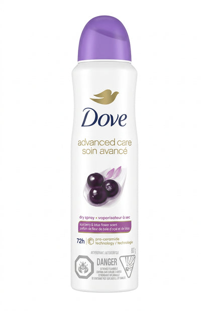 A can of Dove Advanced Care Soin Avancé deodorant spray, featuring a white bottle with a purple cap and a graphic of blackberries on the front.