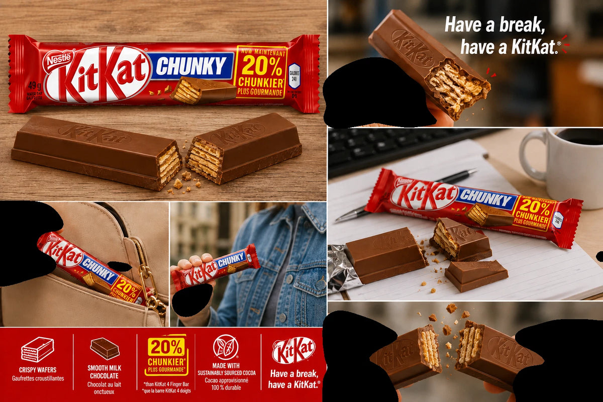 A collage of KitKat Chunky chocolate bar product photos and marketing visuals, including the wrapped bar, unwrapped pieces, a broken bar showing the wafer layers, and the slogan 'Have a break, have a KitKat.' The collage also includes a red feature strip with product claims and a hand holding a KitKat in a real setting.
