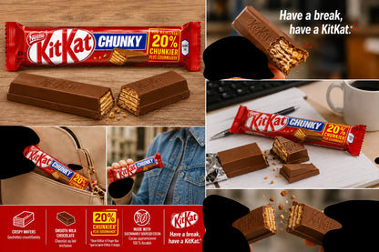 A collage of KitKat Chunky chocolate bar product photos and marketing visuals, including the wrapped bar, unwrapped pieces, a broken bar showing the wafer layers, and the slogan 'Have a break, have a KitKat.' The collage also includes a red feature strip with product claims and a hand holding a KitKat in a real setting.