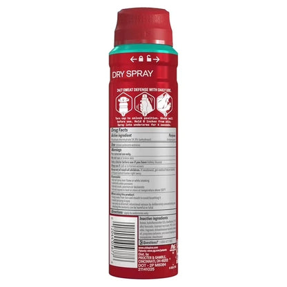 A red canister of Dry Spray personal defense spray, showing the back label with product facts, warning icons, and a barcode on a white background.