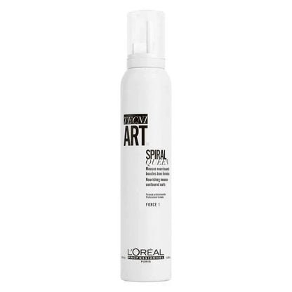 A white aerosol can of L'Oréal Paris L'Art Techniq Spiral Queens Force 1 hair styling product, shown against a plain white background.