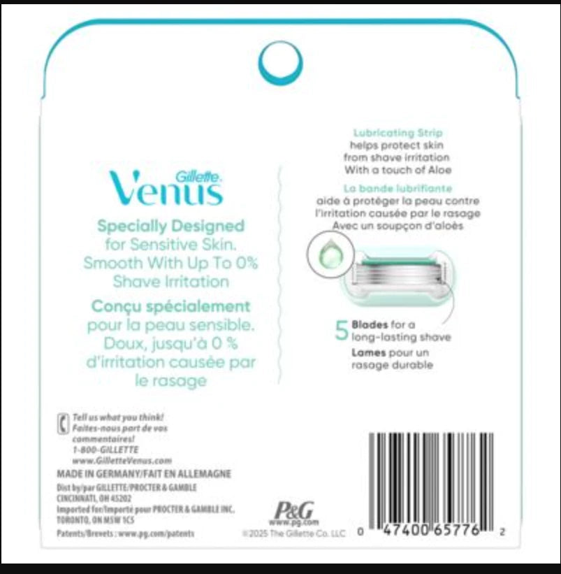 Back of the packaging for Gillette Venus Lubricating Strip, showing product details, benefits, ingredients, and a barcode on a white background with teal accents.