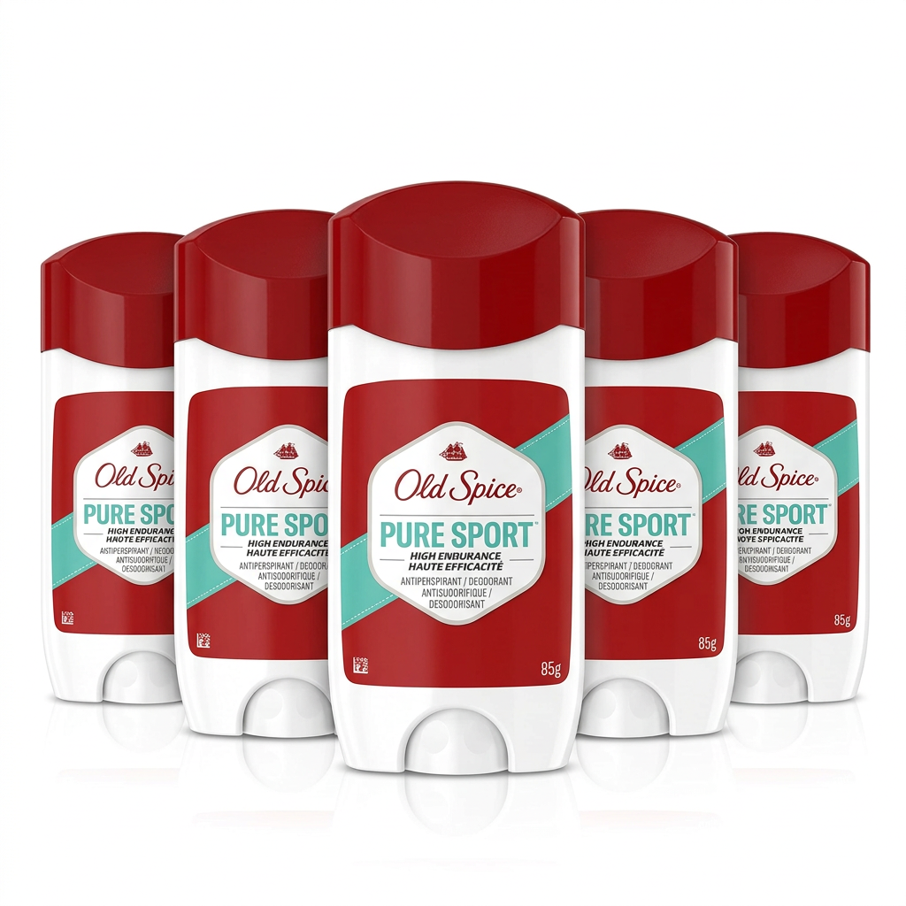 Five bottles of Old Spice Pure Sport deodorant shown in a row against a plain white background.