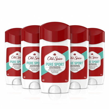 Five bottles of Old Spice Pure Sport deodorant shown in a row against a plain white background.