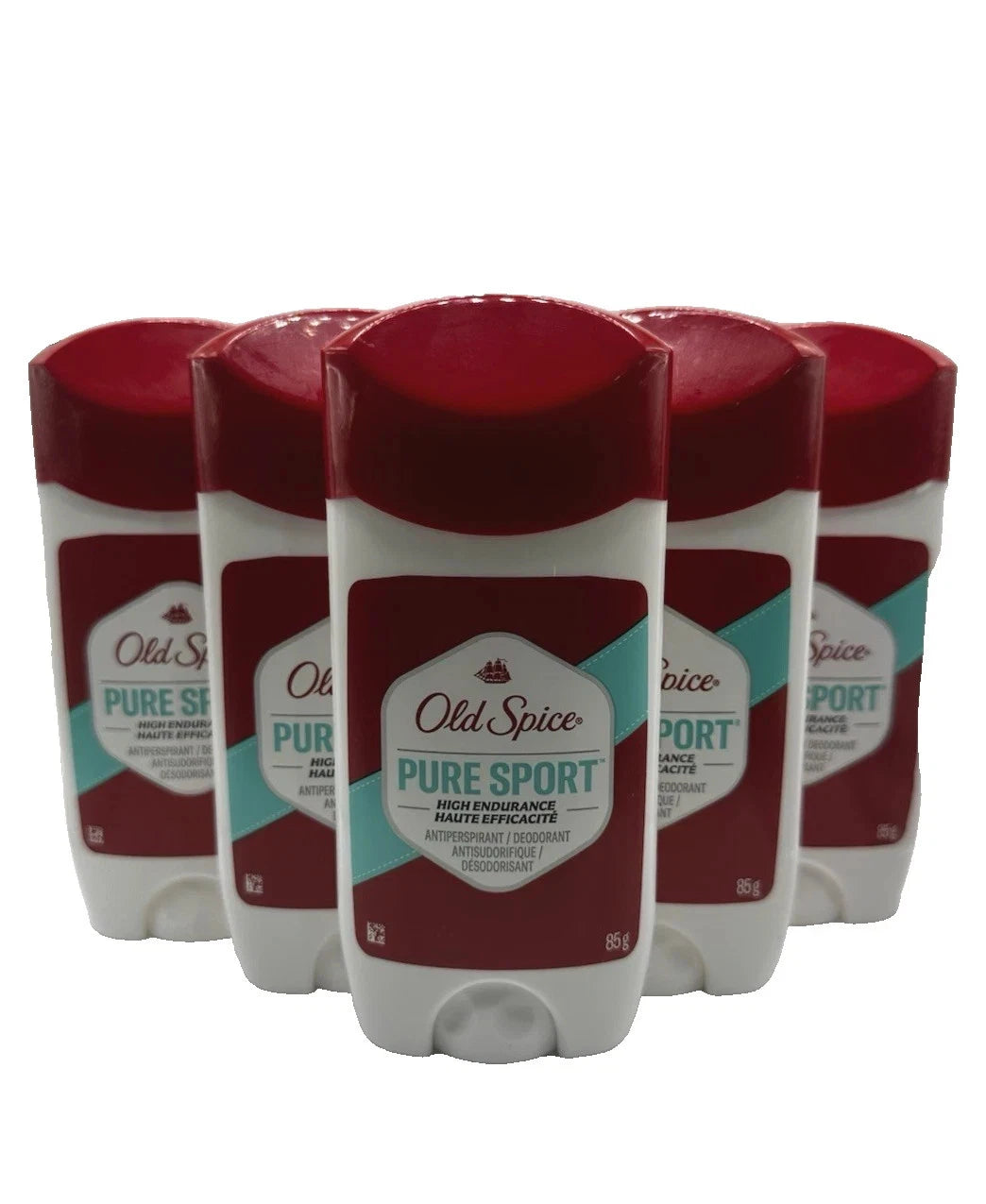Five bottles of Old Spice Pure Sport deodorant shown in a row against a plain white background.