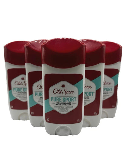 Five bottles of Old Spice Pure Sport deodorant shown in a row against a plain white background.