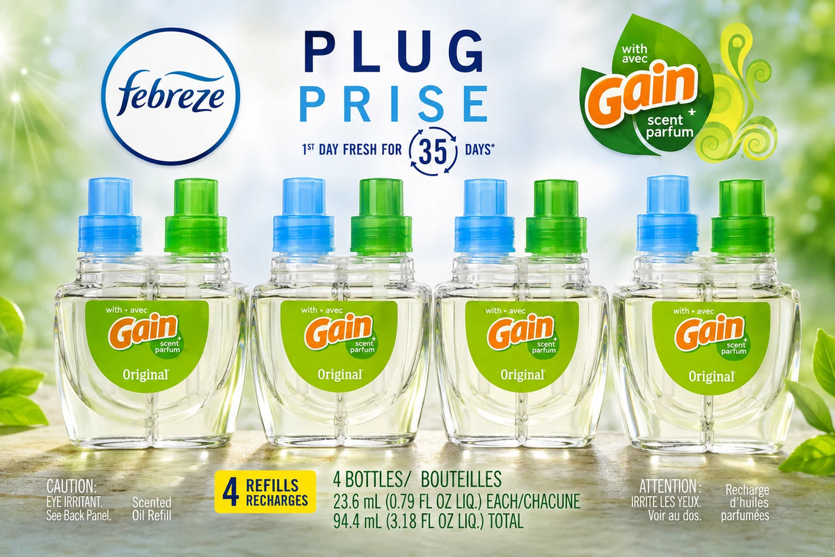 Four Gain Original fragrance refill bottles with blue and green spray tops, shown in a promotional product graphic with Febreze branding and 'Plug Prize' text on a light green background.