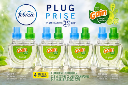 Four Gain Original fragrance refill bottles with blue and green spray tops, shown in a promotional product graphic with Febreze branding and 'Plug Prize' text on a light green background.