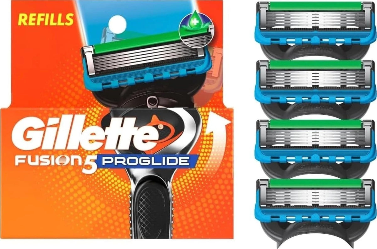 Gillette Fusion 5 Pro Glide refill razors shown with retail packaging on the left and four individual refill heads on the right. The razors have blue and green cartridges with silver metal blades.