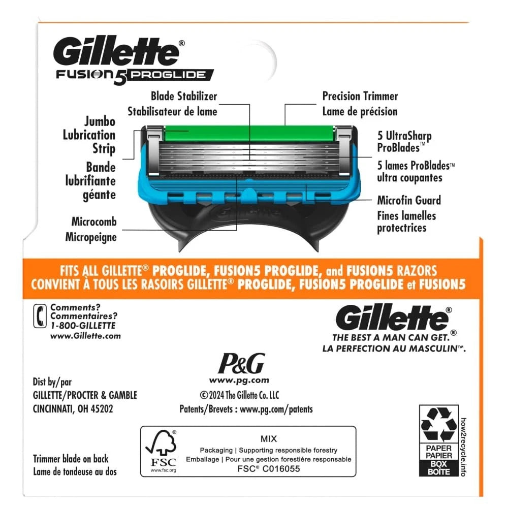 Gillette Fusion ProGlide razor blade packaging with branding and product details.