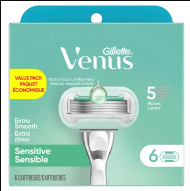 Gillette Venus Sensitive 6-pack value pack packaging, featuring a teal and mint green box with a graphic of the razor and a yellow 'Value Pack' badge.