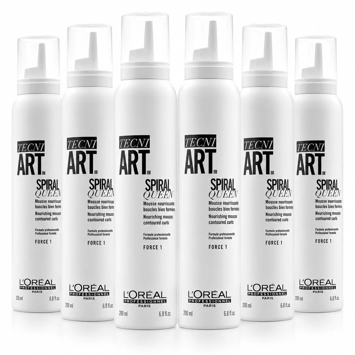 Six white L'Oréal Professionnel Tecni Art Spiral Queen Force 1 hair building mousse bottles arranged in a row against a white background.