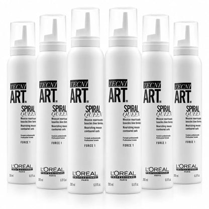 Six white L'Oréal Professionnel Tecni Art Spiral Queen Force 1 hair building mousse bottles arranged in a row against a white background.