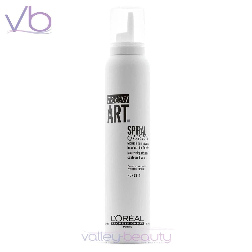 L'Oréal Professionnel Tecni Art Spiral Queen Force 1 hair wax in a white cylindrical aerosol can with a clear cap, shown on a white background with a purple 'vb' watermark in the top left and 'valley-beauty' at the bottom.