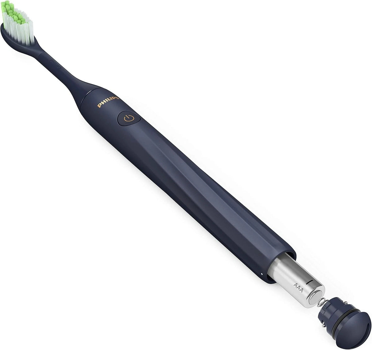 Navy blue electric toothbrush with a white background