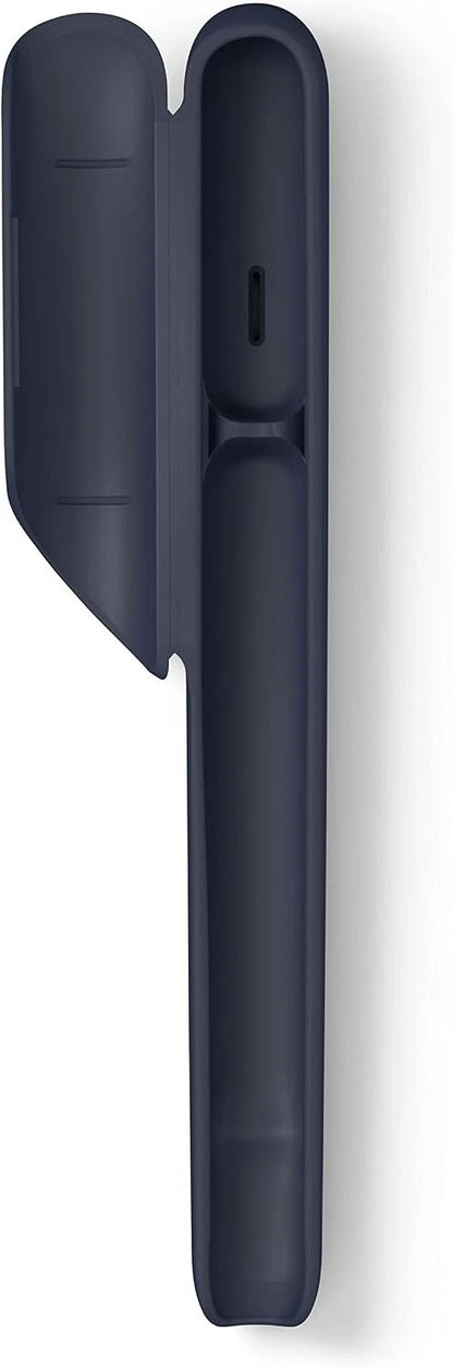 Navy blue electronic device with a stylus on a white background