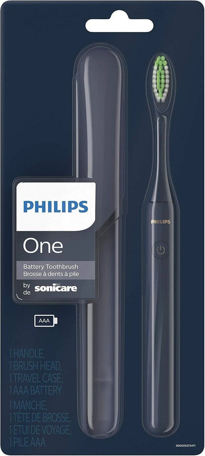 Philips One by de sonicare battery toothbrush in dark gray, shown in its retail blister packaging with a matching travel case.