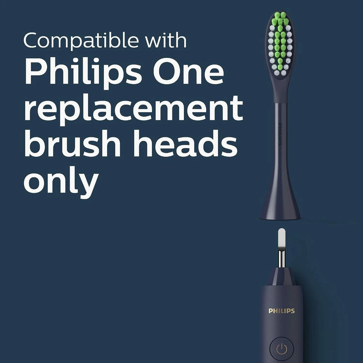 Philips electric toothbrush with text indicating compatibility with Philips One replacement brush heads on a dark blue background.