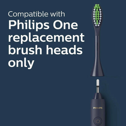 Philips electric toothbrush with text indicating compatibility with Philips One replacement brush heads on a dark blue background.