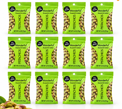 Twelve individual bags of Wonderful Pistachios arranged in a 3x4 grid on a white background, with a small cluster of whole pistachios in the bottom-left corner.