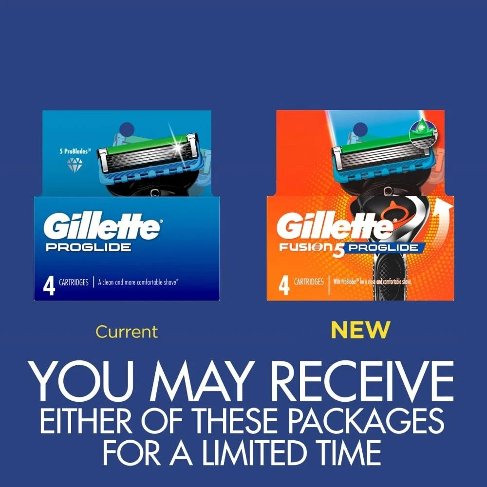 Promotional image of Gillette ProGlide and Fusion ProGlide packaging on a blue background.