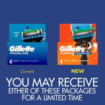Promotional image of Gillette ProGlide and Fusion ProGlide packaging on a blue background.
