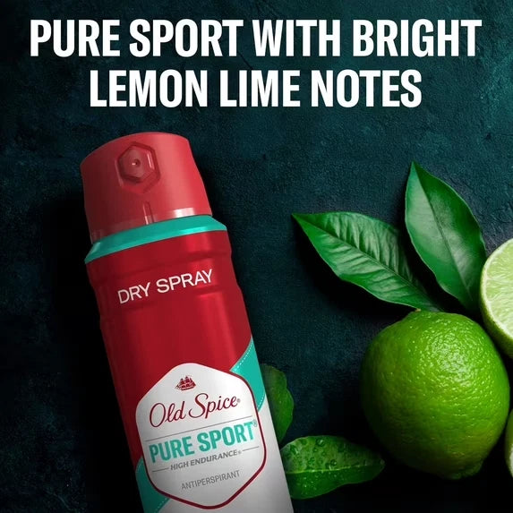 Red and green Old Spice Pure Sport antiperspirant spray with lemons and lime leaves on a dark background.