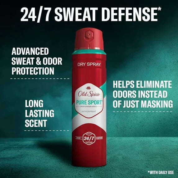 Red and green Old Spice deodorant spray can on a dark green background with text about sweat defense.