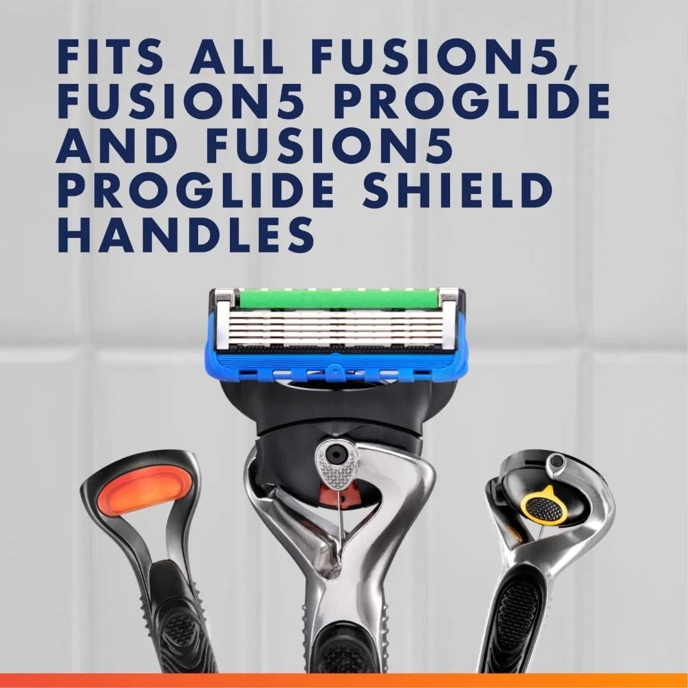 Shaving system with text indicating compatibility with Fusion5, Fusion5 ProGlide, and Fusion5 ProGlide Shield handles on a gray background.