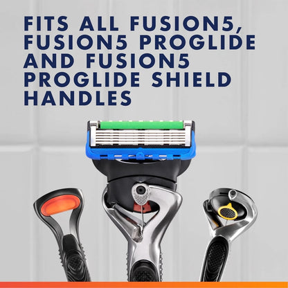 Shaving system with text indicating compatibility with Fusion5, Fusion5 ProGlide, and Fusion5 ProGlide Shield handles on a gray background.