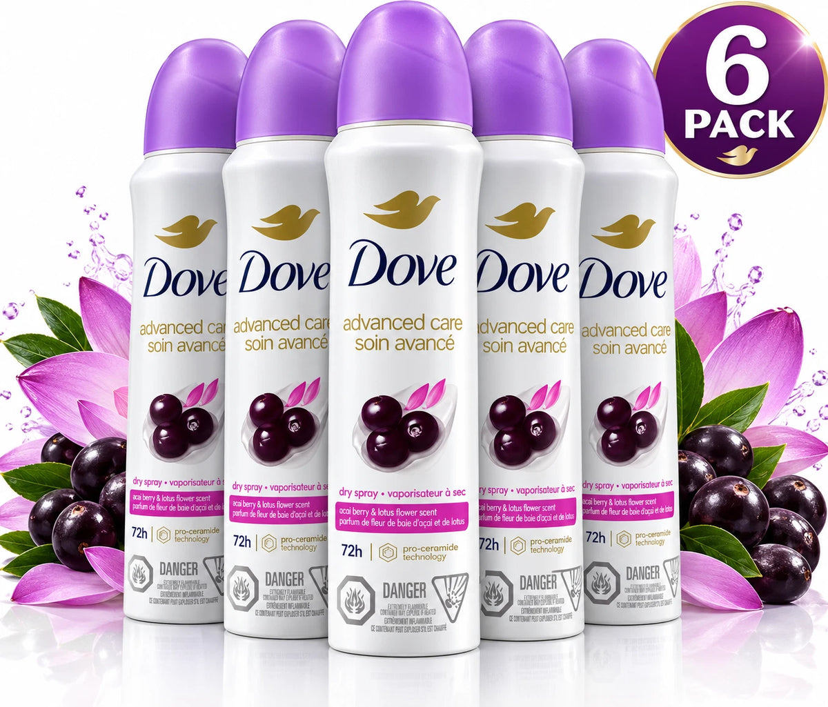 Six bottles of Dove Advanced Care Dry Skin Spray arranged in a row on a white background, decorated with purple flowers, dark berries, and a purple '6 PACK' badge in the top right corner.
