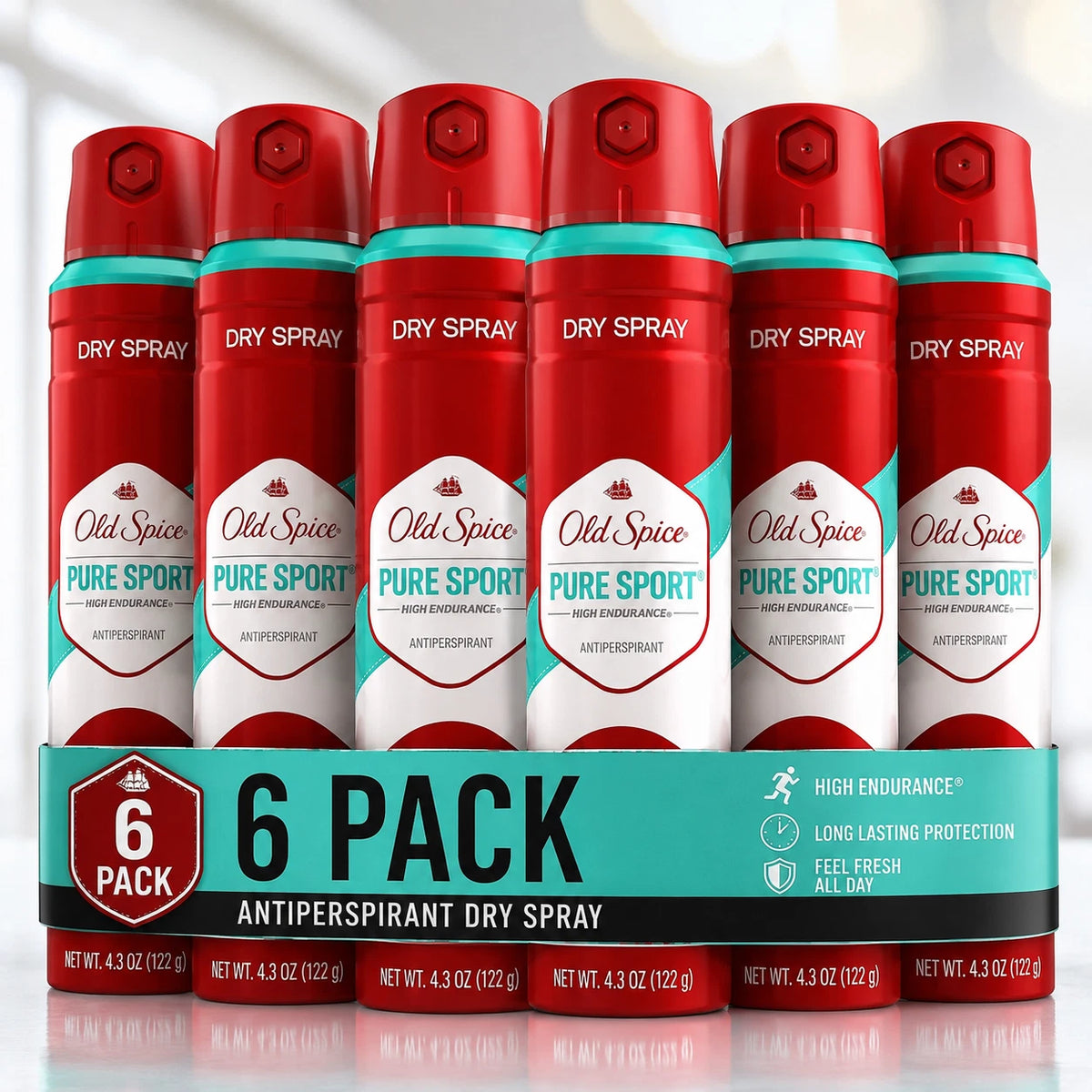 Six cans of Old Spice Pure Sport Antiperspirant Dry Spray arranged in a 6-pack display on a clean white background.