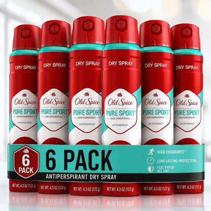 Six cans of Old Spice Pure Sport Antiperspirant Dry Spray arranged in a 6-pack display on a clean white background.