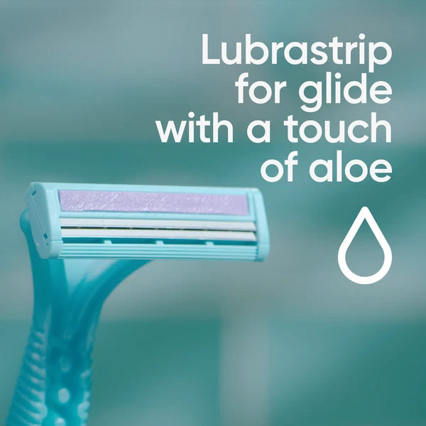 Turquoise razor with purple lubricant strip on a teal background, featuring text 'Lubrastrip for glide with a touch of aloe'.