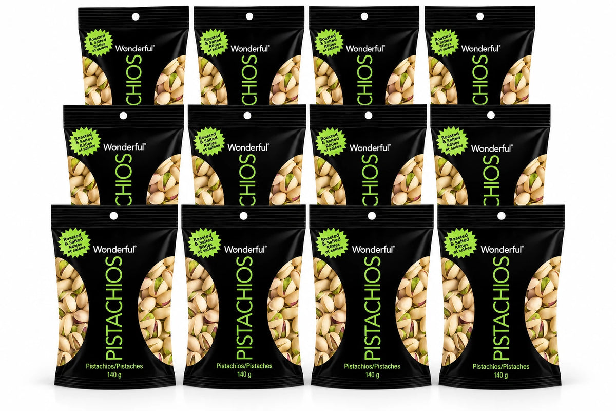 Twelve black bags of Wonderful Chicos Pistachios arranged in three rows of four on a white background.