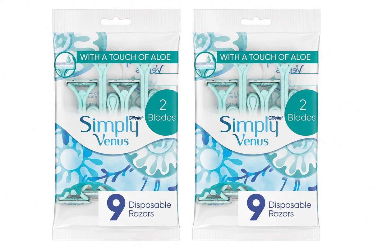 Two packages of Giliber Simply Venus 9-piece disposable razors with 2 blades each, featuring a white and teal floral design on a white background.